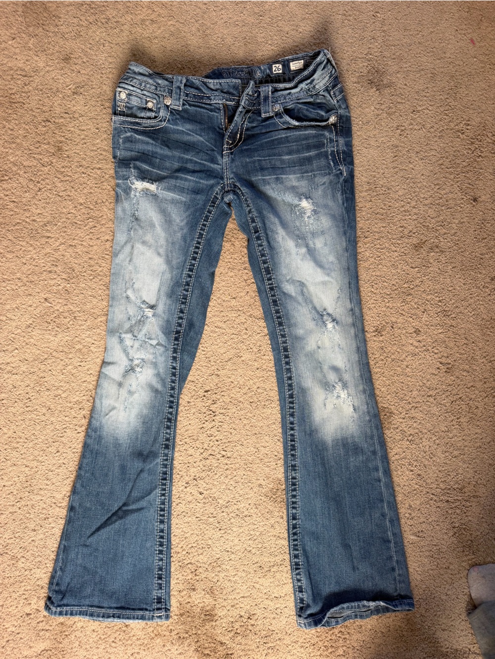 Miss Me Light-Medium Blue Distressed Boot Cut Jeans